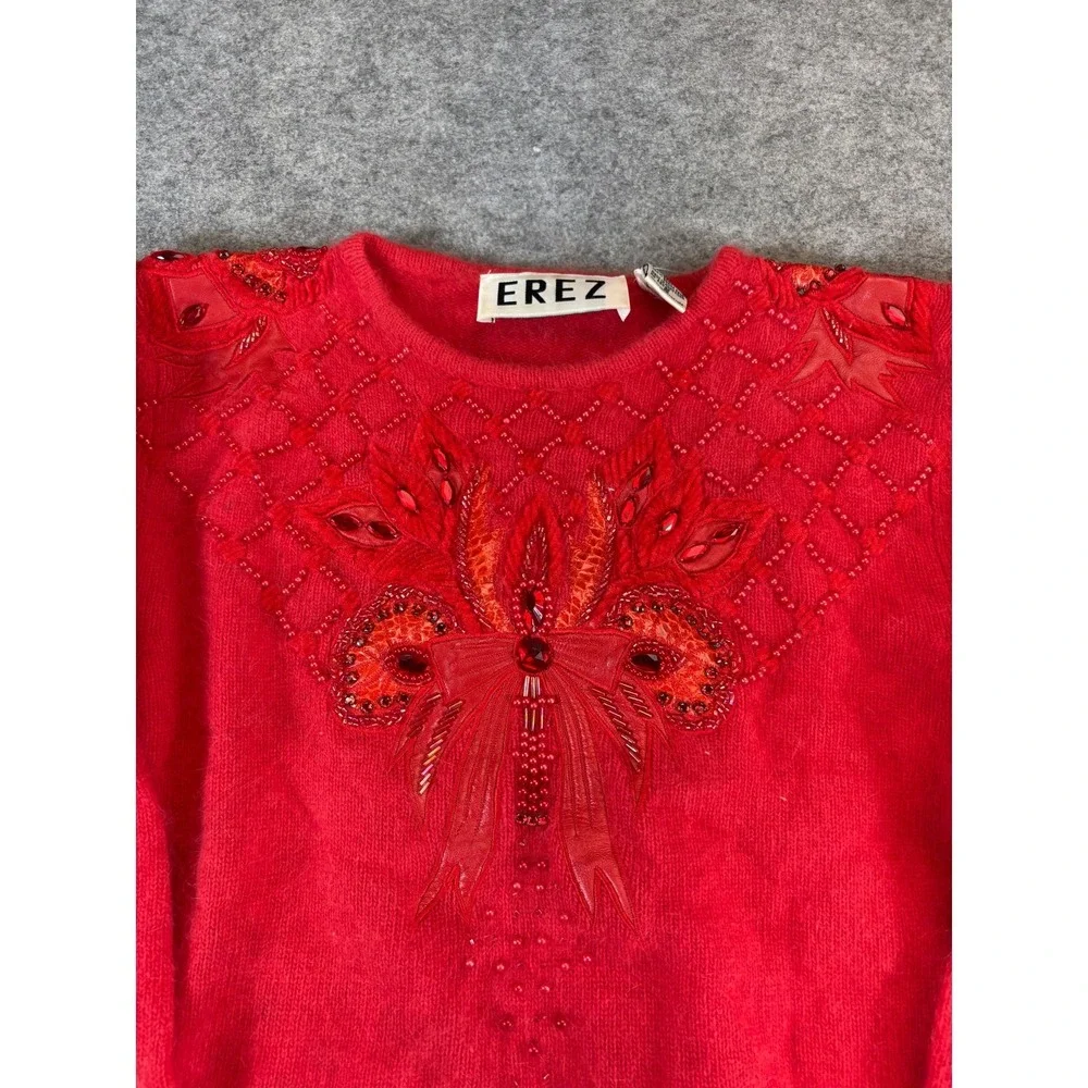 Vintage 80s Erez Beaded Butterfly Sweater Red Lambswool Angora Snakeskin Small